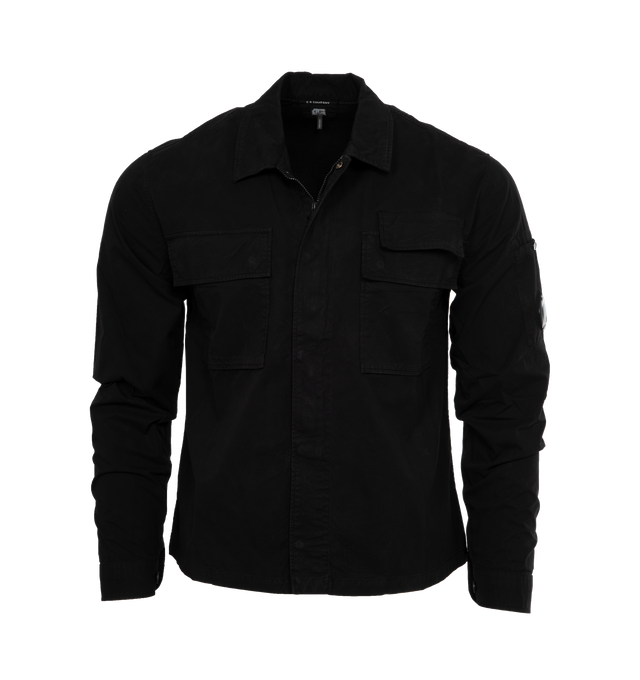 Image 1 of 3 - BLACK - C.P. COMPANY Gabardine Shirt featuring spread collar, button closure, flap pockets, shirttail hem, patch pocket and acetate lens at sleeve and adjustable single-button barrel cuffs. 100% cotton. Made in Italy. 