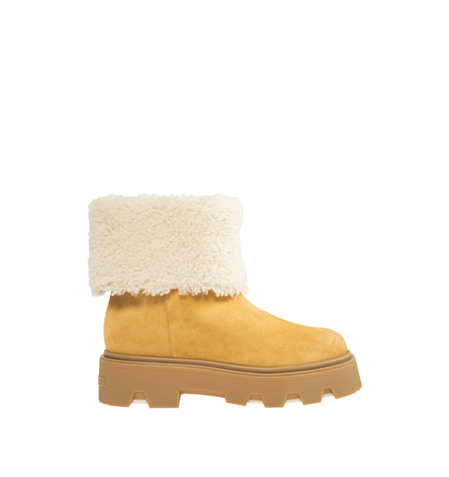 Image 1 of 4 - BROWN - MONCLER Aurea Mid Suede & Shearling Boots featuring suede and long-haired sheepskin upper, long-haired sheepskin insole, TPU sole with EVA filler and leather welt. Calf length 13 cm. Sole height 4 cm.