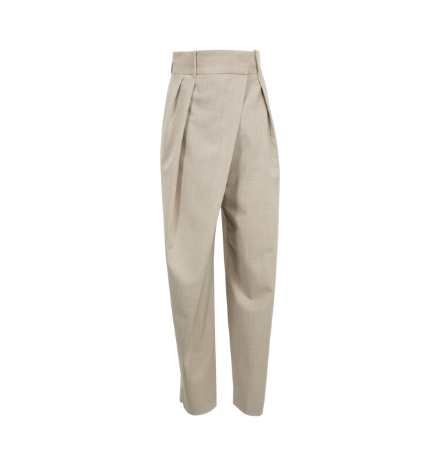 Image 1 of 4 - NEUTRAL - LOEWE Wrap Trousers featuring an asymmetric construction with a wrap front, regular fit, cropped length, high waist, loose leg, concealed hook fastening, seam pockets, buttoned rear welt pocket, pleats at the front and LOEWE embossed leather patch placed at the back. Made in Italy.