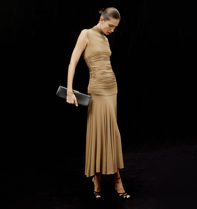Image 2 of 4 - BROWN - MAGDA BUTRYM High-Neck Cupro Midi Dress featuring sheer midi dress, a fitted high-neck bodice, flowy midi skirt and ruching at the waist to create an elongated drop-waist effect. 92% cupro, 8% elastane.