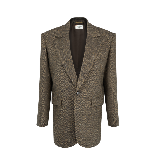 Image 1 of 4 - BROWN - Saint Laurent Womens Single-Breasted Jacket is crafted from certified virgin wool. Features a single-breasted one-button closure, notched lapels, padded shoulders, four-button cuffs, two front jetted pockets with button flaps, two interior jetted pockets, silk lining, and a single back vent. Main Material: 100% Virgin Wool; Lining: Silk. Made in Italy.