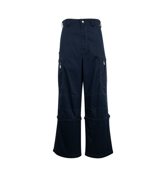 Image 1 of 3 - NAVY - BALENCIAGA Utility Work Pants featuring mixed cotton twill, covered zip fly, 5 belt loops, contrasting tabs and zipper pulls, 2 slash pockets at front, 2 small slash pocket at front, 2 zipped cargo pockets, 2 micro utility pockets at ankles, 2 patch pockets at back, 1 below the knee zip to remove pants bottom and Loop Sports Icon embroidey on left side pocket. 65% polyester, 35% cotton. Made in Italy.