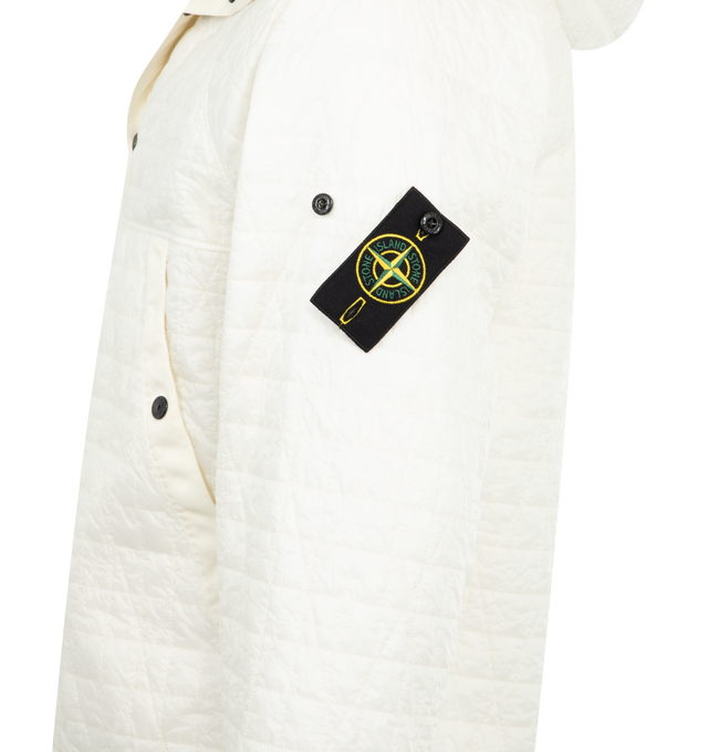 Image 3 of 4 - WHITE - STONE ISLAND Bomber Jacket featuring padded hooded jacket in a light nylon rep with an ultra-tight weaving construction, removable ribbed knit insert with hood and zipper fastening on tape that attaches to garment with snaps, hood with snap-fastened tape drawstring, raglan sleeves, hand pockets with diagonal tape trim and snap, flat inlay at sides and under arms, Stone Island badge on left sleeve, elasticated tape at cuffs and snap fastening on nylon tape. 100% polyamide/nylon.