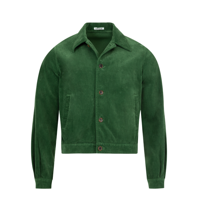 Image 1 of 3 - GREEN - AURALEE Pigment Dyed Finx Corduroy Blouson featuring luxurious Egyptian Finx cotton, beaten and washed, garment dyed, button front closure, handwarmer pockets and short length. 100% cotton.