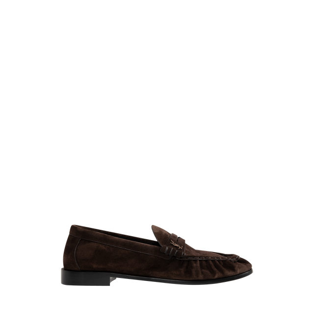 Image 1 of 4 - BROWN - SAINT LAURENT Le Loafer featuring supple penny loafers decorated with the cassandre, a hand-stitched moc toe and leather sole. 95% calfskin, 5% brass. Made in Italy.