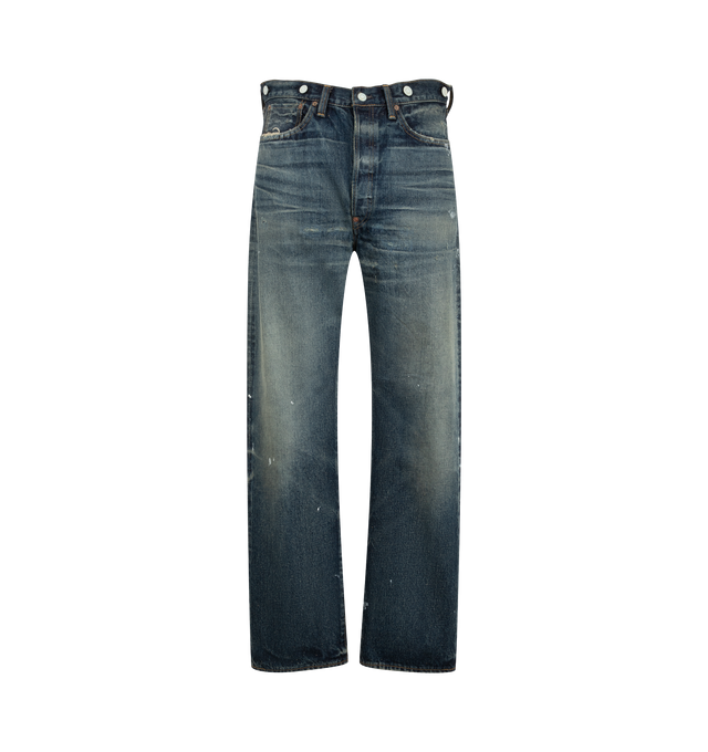 Image 1 of 3 - BLUE - Junya Watanabe Man x New Manual Men's Customize Denim Pants are crafted from cotton with wool patchwork detailing and feature a straight-leg silhouette, regular fit, vintage-inspired wash, distressing, and paint-splatter-effect details. Designed as part of the Junya Watanabe Man x New Manual collaboration, these five-pocket jeans are finished with a button fly, buttons at the waistband, a patchwork back pocket, and a classic back belt adjuster. Main Material: 100% Cotton. Contrast Fabr