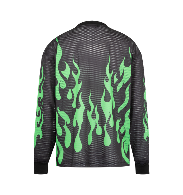 Image 2 of 3 - BLACK - MARKET Toxic Flames Mesh Top featuring soft, breathable mesh, flame graphic up the front and sleeves, relaxed fit, crewneck and long sleeves. 100% polyester.