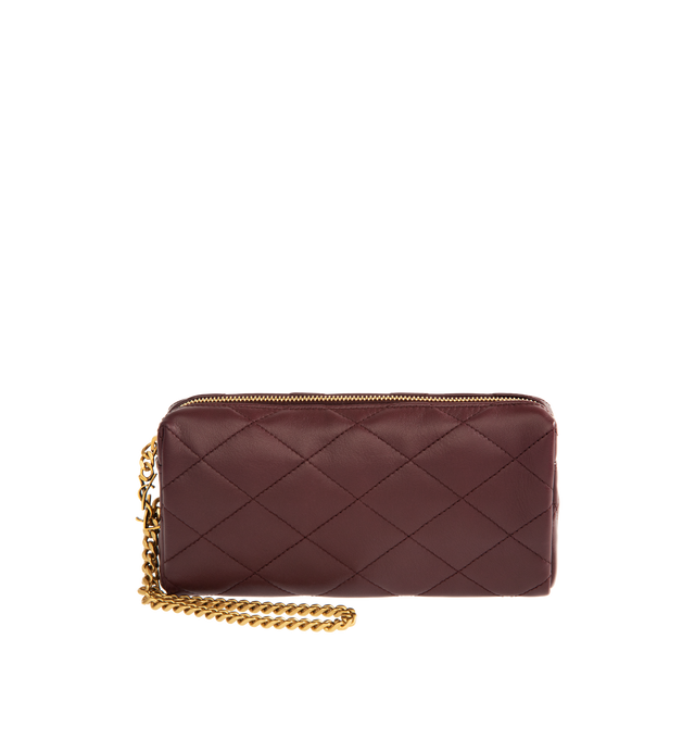 Image 1 of 2 - RED - SAINT LAURENT Bijou Pouch in lambskin featuring a CASSANDRE jewelry chain wrist strap, diamond quilting, cotton lining, bronze-tone hardware, one flat pocket and zip closure. 7.1" x 3.5" x 1.6". Handle drop: 6.7". Lambskin. Made in Italy.