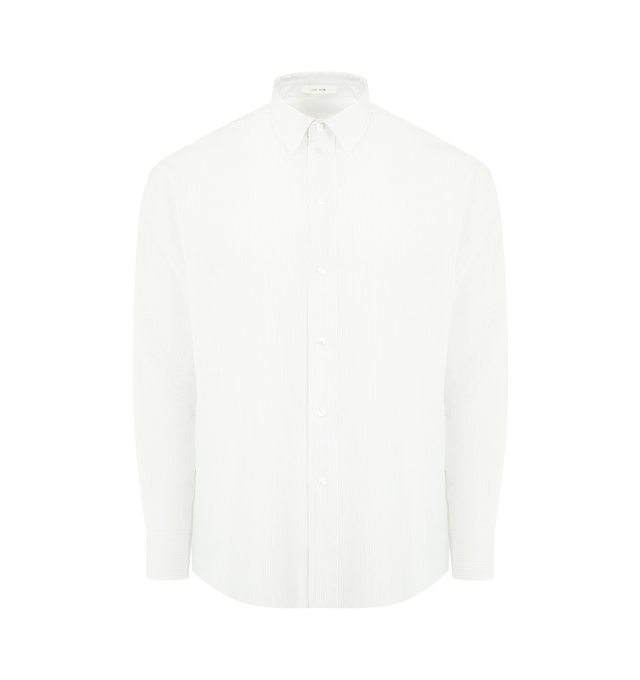 Image 1 of 2 - WHITE - THE ROW Granada Shirt featuring classic button-up shirt in fluid pinstripe silk poplin with curved hem, slim back yoke with side pleats and exposed front placket with mother-of-pearl buttons. 100% silk. Made in Italy.