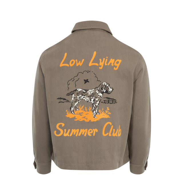 Image 2 of 2 - GREY - BODE Low Lying Summer Club Jacket featuring logo on the front lapel and "Low Lying Summer Club" on the back, boxy fit, zip front closure and two front welt pockets. 100% cotton. Made in India. 