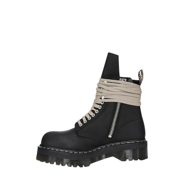 Image 5 of 7 - BLACK - Dr. Martens x Rick Owens FW26 Quad Sole Steel Toe Boot in Nubuck Leather. These Women's Dr. Martens boots are reimagined by Rick Owens and feature pearl lacing, a steel toe cap, and palladium-finish hardware, including eyelets, hooks, and a side zipper. The boot features an extended geometric tongue and a woven Dr. Martens AirWair heel loop in black and pearl. Finished with a Quad sole, the design is detailed with a pearl welt stitch. This heavyweight nubuck cow leather has a flat, ma