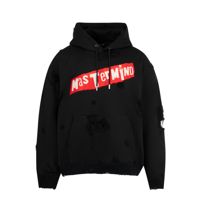 Image 1 of 2 - BLACK - MASTERMIND JAPAN Distressed Hoodie featuring kangaroo pocket, rib-knit hem and cuffs, fixed hood with drawstring, logo on front and hood and distressing throughout. 100% cotton. Made in Japan.