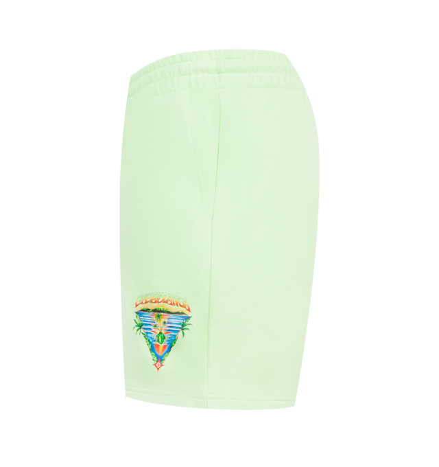 Image 3 of 3 - GREEN - CASABLANCA Innocence Triangle Sweatshort featuring elastic drawstring waist, side pockets, back welt pocket, logo on front leg and loopback jersey fabric. 100% organic cotton. Made in Portugal.