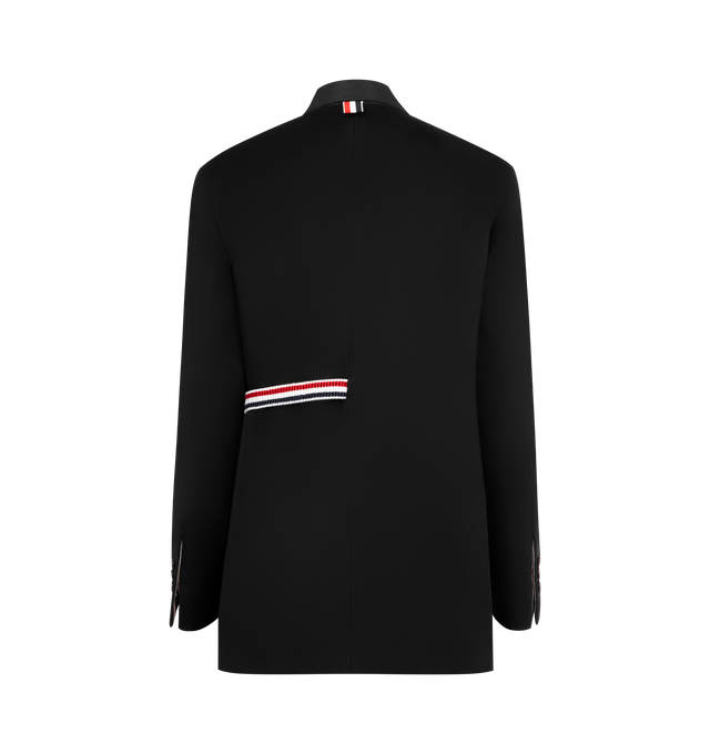 Image 2 of 4 - BLACK - THOM BROWNE 2 in 1 Sportcoat featuringFfront button closure with striped grosgrain bow, 2 front flap pockets, single chest pocket, buttoned cuffs with signature striped grosgrain trim, interior pocket with name tag, removable sleeves and signature striped grosgrain loop tab. 100% cashmere. 58% wool, 42% silk. Lining: 100% cupro. Made in Italy.