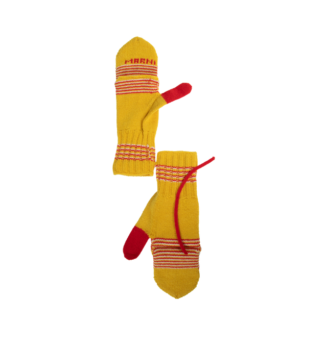 Image 1 of 3 - YELLOW - MARNI Stripped Wool Mittens featuring knitted construction, horizontal stripe pattern, detachable mittens, embroidered logo and ribbed cuffs. 100% virgin wool. 