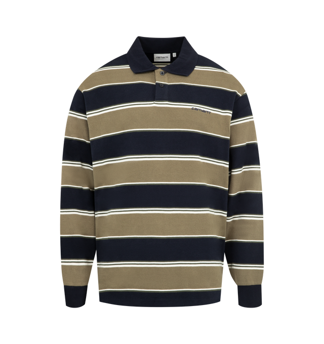 Image 1 of 2 - MULTI - CARHARTT Malone Stripe Rugby Shirt featuring loose fit, yarn dyed, flatknit collar, placket with buttons, ribbing at cuffs and script embroidery. 100% cotton.