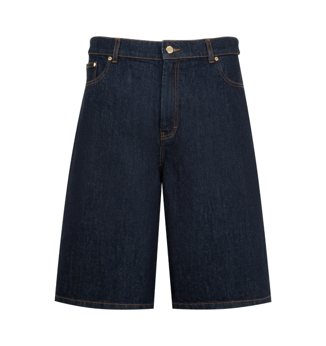 Image 1 of 5 - BLUE - CASABLANCA Denim Shorts featuring non-stretch denim shorts, belt loops, five-pocket styling, zip fly, logo patch at back waist and logo-engraved gold-tone hardware. 100% cotton. Made in Italy.