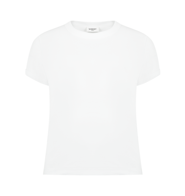 Image 1 of 2 - WHITE - SAINT LAURENT Ribbed T-Shirt featuring fitted crewneck, short sleeves and a tonal logo patch at the chest. 100% cotton. Made in France.