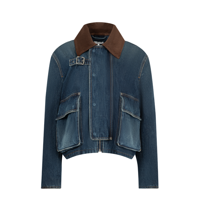 Image 1 of 3 - BLUE - Loewe Women's Denim Parka is crafted from medium-weight washed cotton denim and features a relaxed-fit silhouette, a short length, and a corduroy-effect suede collar. Designed with a concealed zip and snap-button front closure, an adjustable buckle tab at the placket, snap-button cuffs, gusset pockets, and an interior welt pocket, this fully lined style combines workwear-inspired utility with elevated craftsmanship. Main Material: Cotton Denim. Collar: Corduroy-Effect Suede. Fit: Relax