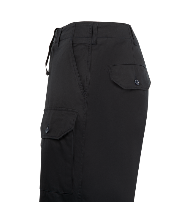 Image 3 of 3 - NAVY - ENGINEERED GARMENTS Flight Pant featuring a classic cargo pant, belt loops, concealed drawstring at the waistband and cuff, three-pocket styling, zip fly, flap pockets, patch pockets at the leg and pleats at the knees. 100% cotton. Made in the USA.