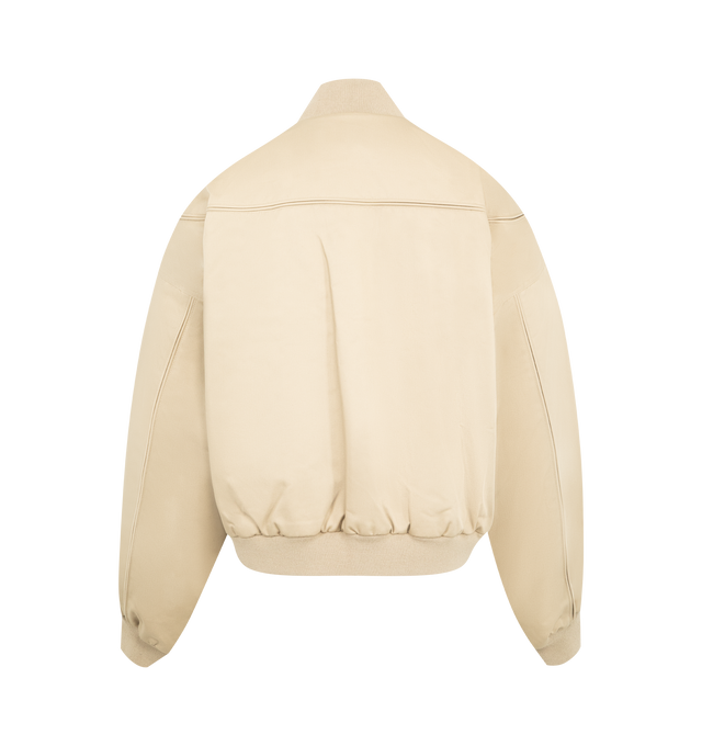 Image 2 of 4 - CHAMPAGNE - WILLY CHAVARRIA Gas Station Oversized Cotton Blend Bomber Jacket featuring concealed zip fastening at front, flat collar, long sleeves, two welt pockets at front, all-over binding detailing, branded hardware, ribbed trims and all-over internal padding. 65% polyester, 35% cotton. Lining 100% viscose. Made in Italy.