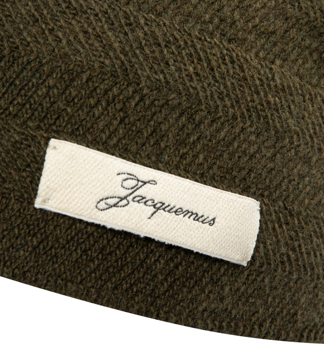 Image 3 of 3 - GREEN - JACQUEMUS Chevron Knit Beanie in wool and cashmere featuring chevron pattern knit, unfolded shape and logo tag embroidered on the side. 70% virgin wool, 30% cashmere. Made in Italy.