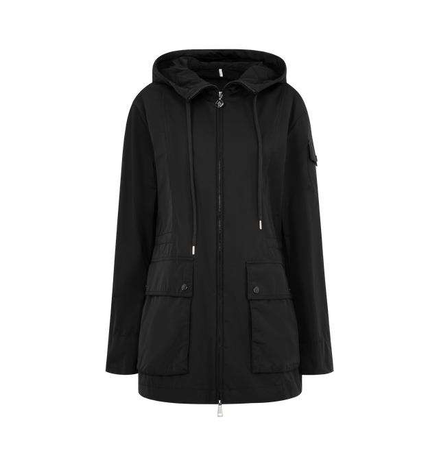 Image 1 of 3 - BLACK - MONCLER Leandro Hooded Parka featuring poplin technique, adjustable hood, zipper closure, patch pockets with snap button closure, sleeve pocket and waistband with drawstring fastening. 60% polyester, 40% cotton. Made in Italy.