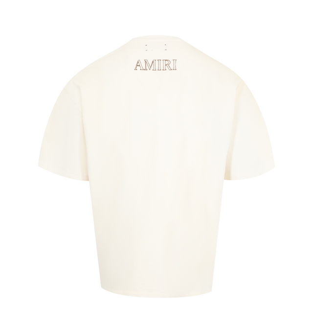 Image 2 of 2 - WHITE - AMIRI MA Outline Oversized T-Shirt featuring oversized fit, cotton jersey, rib-knit crewneck, logo graphic printed at chest and back and dropped shoulders. 100% cotton. Made in Italy.