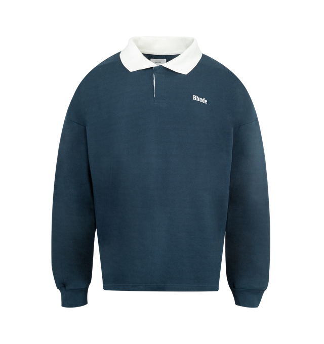 Image 1 of 2 - NAVY - RHUDE Logo Piqu Polo Shirt featuring a relaxed fit, R H U D E logo on the chest, contrasting spread collar, long sleeves and button-front placket. 100% cotton. Made in USA.