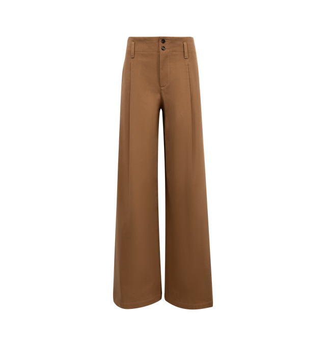 Image 1 of 3 - BROWN - CHLOE Pant featuring pleats on front, double button and zip closure, wide leg, belt loops, two side pockets and two back welt pockets with button. 100% cotton.