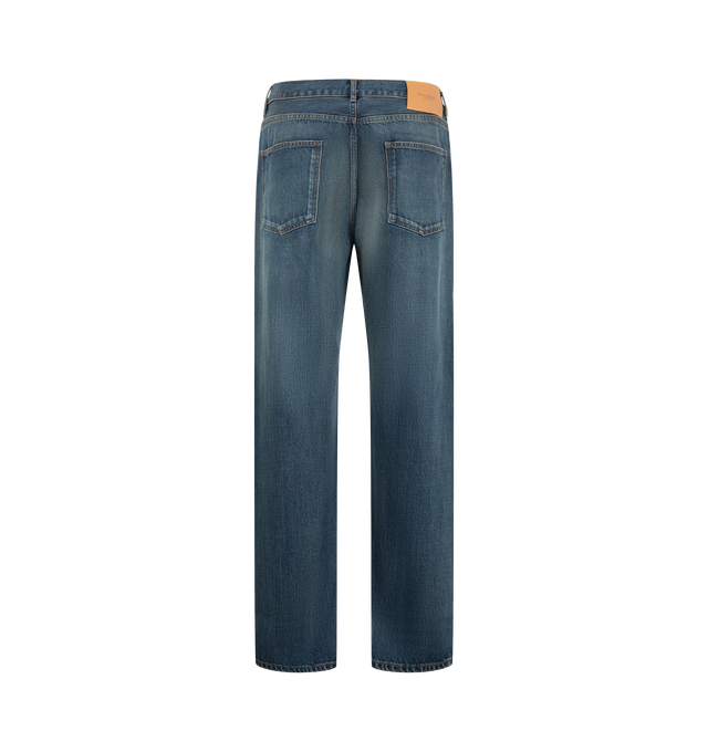 Image 2 of 3 - BLUE - JW Anderson Men's Straight Leg Denim Jeans are crafted from Japanese selvedge denim and feature a classic mid-rise, straight-leg silhouette in a dark blue wash. Developed in collaboration with expert Japanese denim makers, the jeans are designed with a leather logo patch, custom logo shank buttons and rivets, an anchor rivet at the ticket pocket, and a pocket bag screen-printed with "Made in Japan." Main Material: 100% Cotton. Lining: 100% Cotton. Made in Japan.