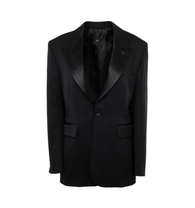 Image 1 of 3 - BLACK - NILI LOTAN LEANDRE TUXEDO BLAZER featuring relaxed tuxedo jacket, exaggerated lapels, soft structured shoulder pads, tuxedo combo details and button closure. 100% virgin wool. 