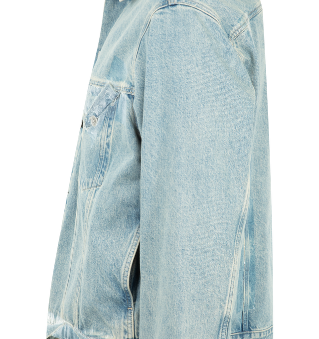 Image 3 of 3 - BLUE - MAISON MARGIELA Taped Denim Jacket featuring handpainted effect on chest and lower front, long sleeves, shirt collar neckline, front button closure and four stitches at the back. 100% cotton. Made in Italy.