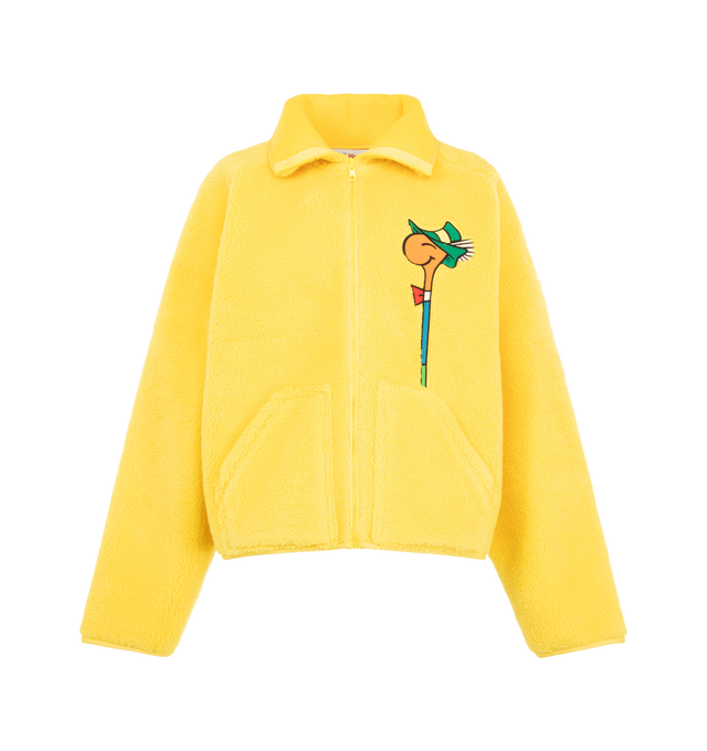 Image 1 of 3 - YELLOW - Mira Mikati Women's Lowly Embroidered Zip-Front Fleece is crafted from plush shearling-effect polyester and features a slightly oversized silhouette inspired by the playful collaboration with Richard Scarry's beloved character, Lowly Worm. Fully lined in soft polar fleece for added warmth and comfort, this cozy layer is detailed with embroidered artwork, a front zip closure, and a split kangaroo pocket. Main Material: 100% Polyester.