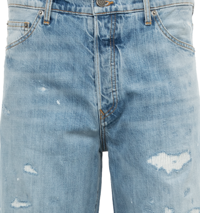 Image 3 of 3 - BLUE - COUT DE LA LIBERTE Victor Cirspy Rigid Denim Wide Leg Jean featuring button front closure, 5 pocket styling, distressed throughout and wide leg. 100% cotton. Made In USA. 