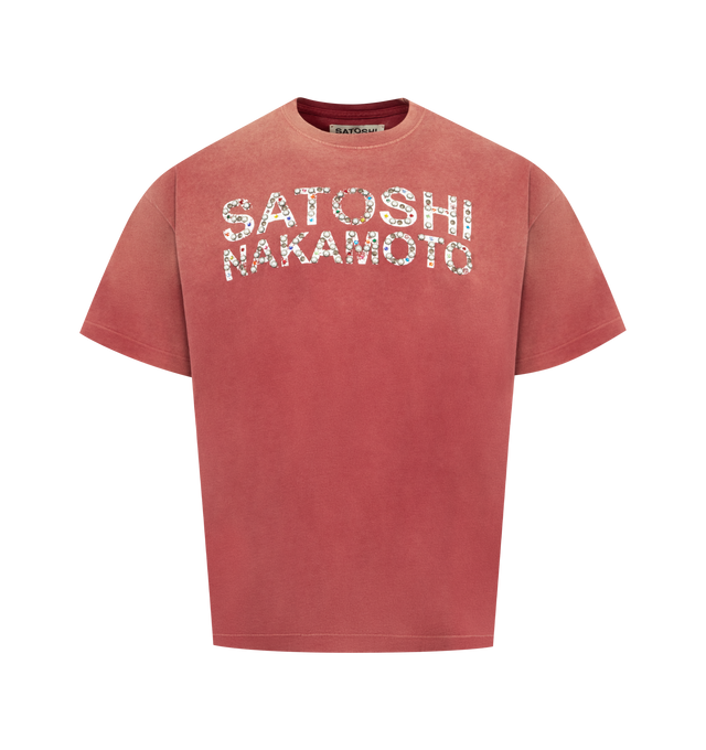Image 1 of 2 - RED - SATOSHI NAKAMOTO Pearl Studded Logo Tee featuring boxy fit, dropped shoulders, screen-printed graphic, pearl studded design and washed treatment. 100% cotton.