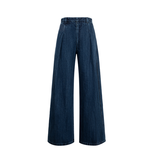 Image 1 of 3 - BLUE - Radh Women's The Crewe Jean is crafted from dark wash denim and features a high-rise trouser-inspired silhouette with a straight, elongated leg. Presented in the Irvine Wash, this designer jean is detailed with front pleats that add volume and movement while maintaining a polished, tailored look. Main Material: 75% Regenerative Cotton, 25% Recycled PIW Denim. Hardware: 60% recycled brass and 100% recycled stainless steel tacks in a semi-precious real gold finish. Made in the USA.
