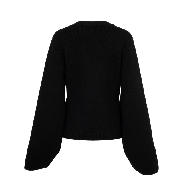 Image 2 of 3 - BLACK - KHAITE Scarlet Cardigan featuring fisherman's rib-stitched trim, patch pockets, tortoiseshell buttons, deep v-neck, cropped silhouette and extended sleeves. 95% cashmere 5% elastane. 