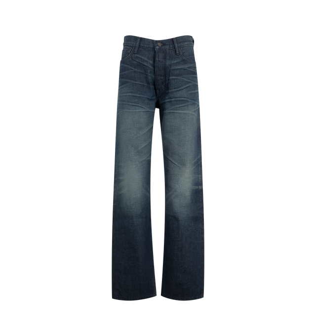 Image 1 of 3 - BLUE - TOm Ford Women's Stonewashed Denim Low Waist Boyfriend Denim Pants are crafted from premium Japanese denim and feature a relaxed boyfriend silhouette with a low-rise waist and classic five-pocket construction. Finished with a stonewashed indigo treatment, this timeless style blends American denim heritage with TOM FORD's refined aesthetic through signature tack button closures, rivets, and an embossed Alcantara logo patch at the back. Main Material: 100% Cotton. Made in the USA.