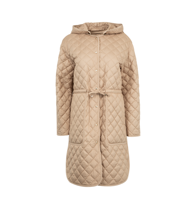 Image 4 of 5 - BROWN - Moncler Etelan Quilted Long Parka has a detachable hood, a snap-front closure, dropped shoulders, an adjustable drawstring waist, a logo patch on the sleeve, patch pockets, and a rounded hem. Down and feather fill. Polyester and leather exterior.