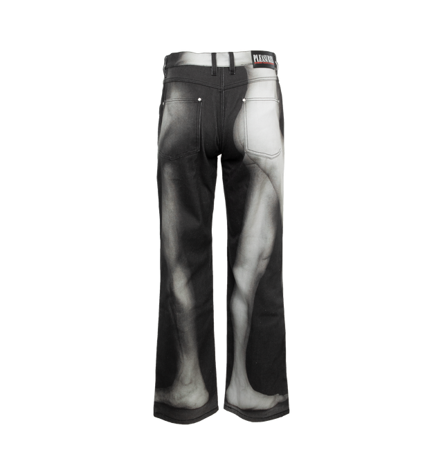 Image 2 of 5 - BLACK - PLEASURES KLT DENIM PANTS featuring full pigment print, matching artwork across panels and light stonewash for slight vintage effect. 100% cotton. 