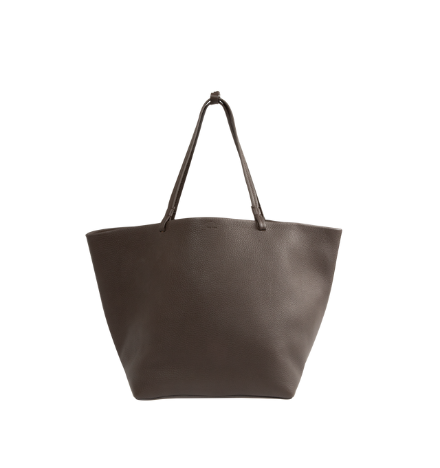 Image 1 of 5 - BROWN - THE ROW XL Park Tote Bag in Leather featuring classic tote bag in textured calfskin leather with interior tie closure, flat handles, and removable interior wristlet with adjustable strap. 100% calfskin leather. Lined in 100% calfskin leather. Made in Italy.