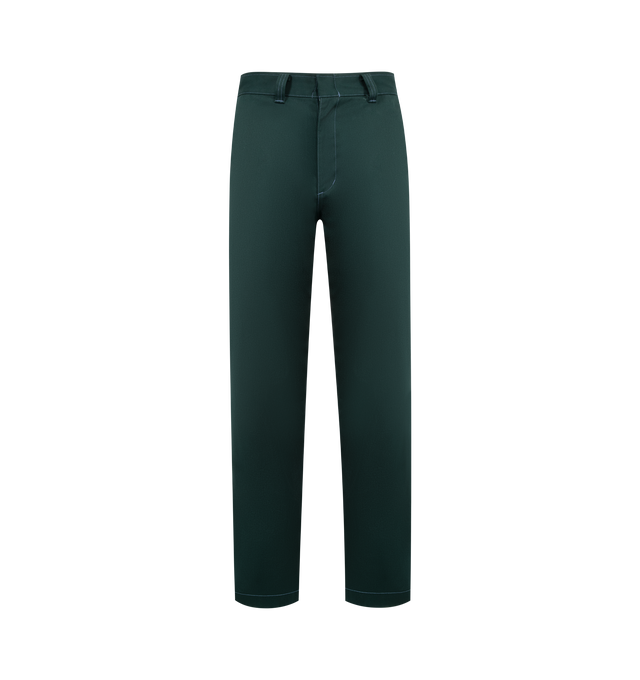 Image 1 of 3 - GREEN - NEEDLES Work Pants featuring side slit pockets, back welt pockets, belt loops, straight legs abd concealed front closure.
