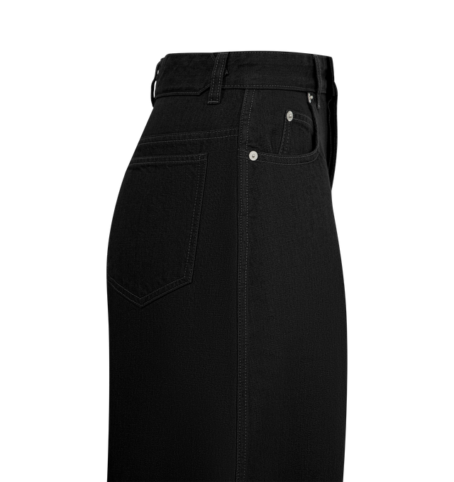 Image 3 of 3 - BLACK - JACQUEMUS Ovalo de-Nmes Denim Pants featuring high-waisted curved jeans, belt loops, zip fly with engraved metal button, five pockets including ticket pocket, embroidered J on the hip, darts on the hip, long curved leg, embroidered patch on the back, back yoke, back patch pockets and darts on the back hem. 100% cotton. Lining: 65% polyester, 35% cotton. Made in Italy.