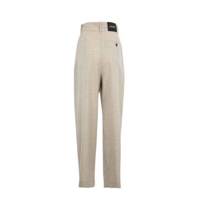 Image 2 of 4 - NEUTRAL - LOEWE Wrap Trousers featuring an asymmetric construction with a wrap front, regular fit, cropped length, high waist, loose leg, concealed hook fastening, seam pockets, buttoned rear welt pocket, pleats at the front and LOEWE embossed leather patch placed at the back. Made in Italy.