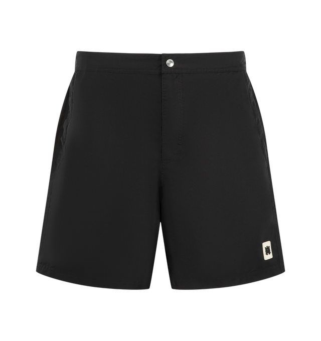 Image 1 of 3 - BLACK - Amiri Mens Logo Swim Trunks are crafted from lightweight technical fabric. Feature an elasticized waistband with adjustable drawcord, side seam pockets, and a relaxed fit. Main Material: 100% Polyester. Made in Bangladesh.