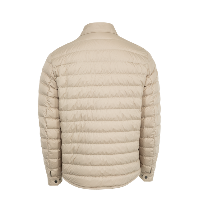Image 3 of 4 - NEUTRAL - MONCLER Bourdon Down Shirt Jacket featuring AirSoft lining, down-filled, zipper and snap button closure, pockets with snap button closure, zipped inner pocket, adjustable cuffs and leather logo patch. 100% polyester. Padding: 90% down, 10% feather.
