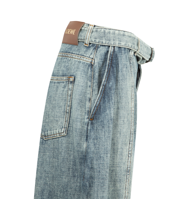 Image 5 of 5 - BLUE - Loewe Jeans in lightweight cotton blend denim featuring an adjustable self belt and pleats at the front. Regular fit, regular length, Mid waist, straight leg with concealed zip fly, slash pockets, rear patch pockets and LOEWE engraved D-ring, LOEWE embossed leather patch placed at the back. Made in Italy.