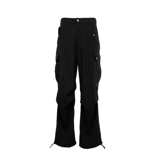 Image 1 of 4 - BLACK - RHUDE Four-Pocket Cargo Pants featuring belt loops, four-pocket styling, zip-fly, darts at legs, drawstring at cuffs, cargo pocket at outseams, logo-engraved silver-tone hardware. 100% polyester. Trim: 100% lyocell. Made in USA. 
