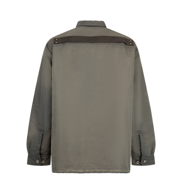 Image 2 of 2 - GREY - Rick Owens DRKSHDW Men's Jumbo Outershirt is crafted from washed bomber satin and features an oversized fit, a button-front placket with visible metal buttons, a classic collar, and square chest pockets with buttoned beveled flaps. Designed below the hip, it is finished with buttoned cuffs, signature level shoulder seams, a cotton webbing strap with rivet detail across the back yoke, internal snap pockets, and a beveled hem. Main Material: 100% Nylon. Body Lining: 100% Cotton. Sleeve L